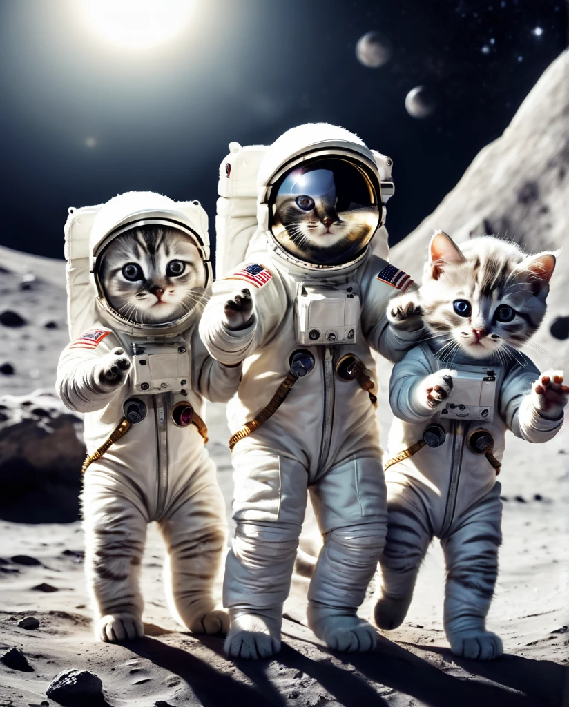 On the moon Three Kittens Astronauts Waving towards me Full Body Shot