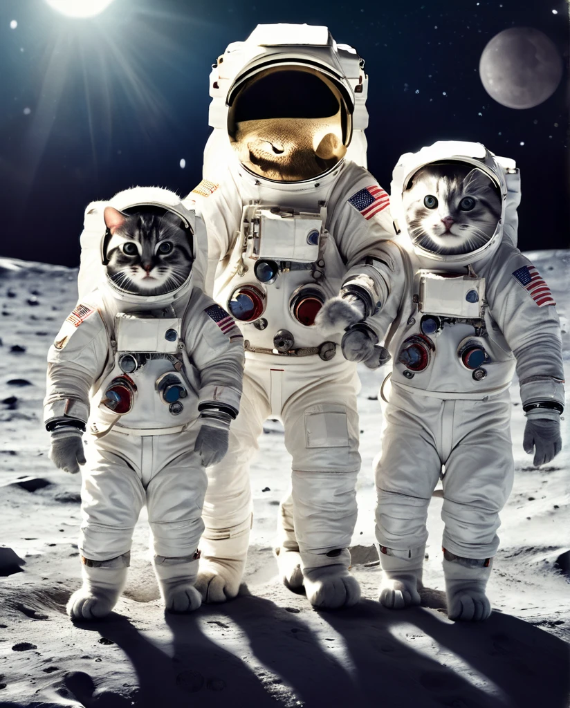 On the moon　Three Kittens Astronauts　Waving towards me　Full Body Shot