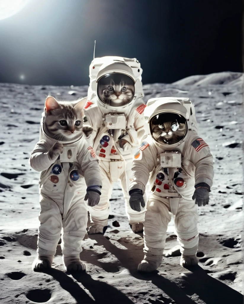 On the moon Three Kittens Astronauts Waving towards me Full Body Shot