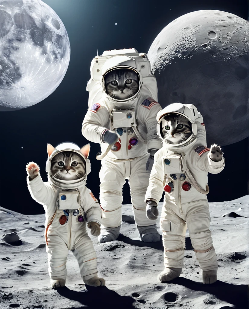 On the moon Three Kittens Astronauts Waving towards me Full Body Shot