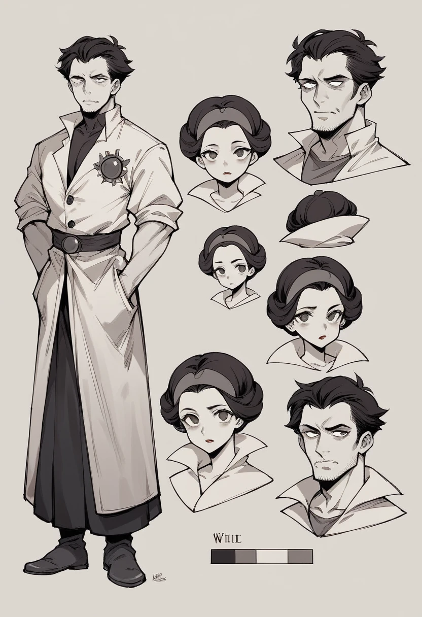 character sheet, character design sheet illustrated painting style and older male 35 years old with slip back hair wearing a lab coat with bags under his eyes snow white skin male