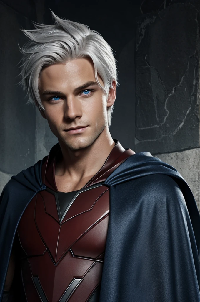The fox boy has short, parted, flowing white hair. Extremely handsome face but rarely a smile. Dark blue eyes as deep as the bottom of an abyss. Wear the student hero cape