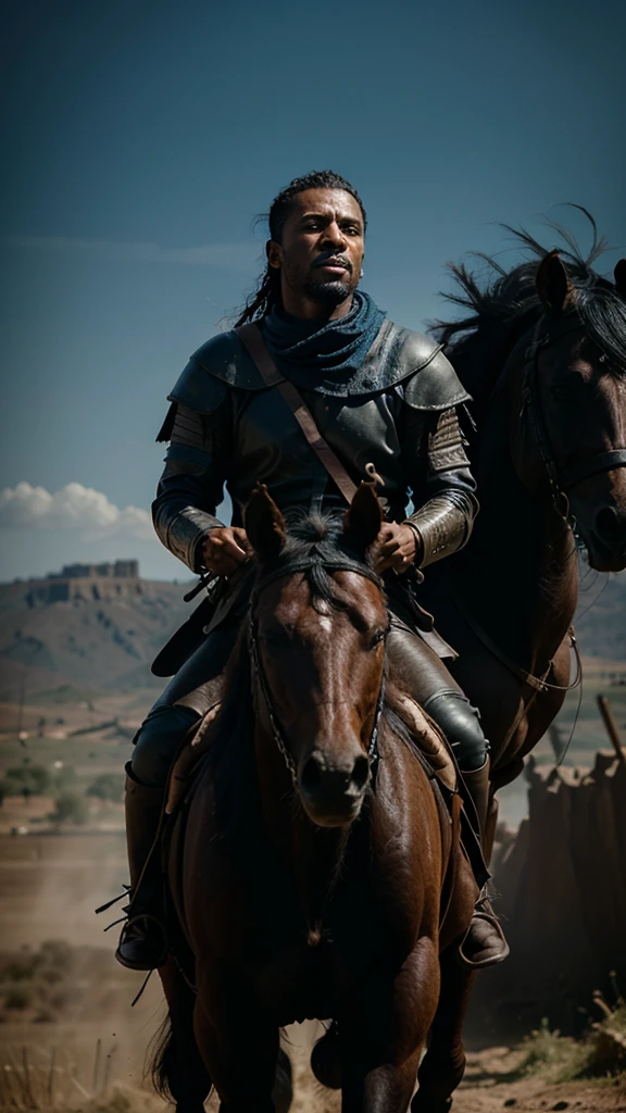 headshot of a fierce black warlord riding on his horse with his warriors, war going on on a battlefield, 8k realistic imagery, blue scenery like a movie scene, old american setting, inspired by blade runner movie scene, blue tone,