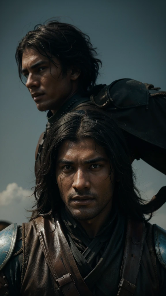 headshot of a fierce black warlord riding on his horse with his warriors, war going on on a battlefield, 8k realistic imagery, blue scenery like a movie scene, old american setting, inspired by blade runner movie scene, blue tone,