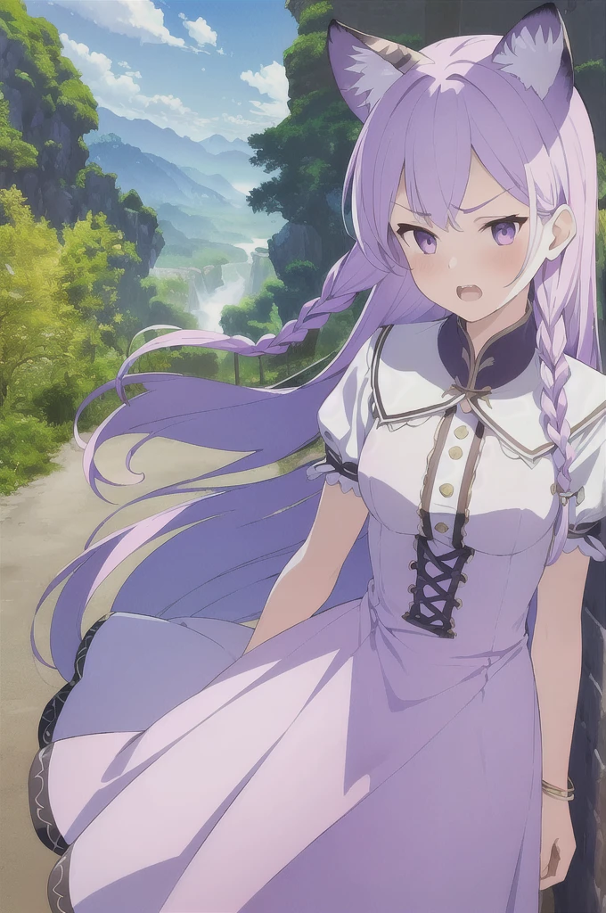 ((masterpiece)), (best quality), (ultra-detailed), photorealistic, (best illustration), ((an extremely delicate and beautiful)), 1girl, solo, long hair, tiger ears, [:tiger tail under:0.2], lilac hair, two-tone hair, full body art, (purple armor:1), multicolored dress, cross-laced, standing, evil purple eyes, daughter looking at father, angry, in Fury, showing teeth, want to bite viewer, open mouth, White shirt, short sleeves, detailed scenery, blue sky, horizon, low twin braids, twin braids, hair ornament, bracelet, (hand on own chest:0.9), blush. 