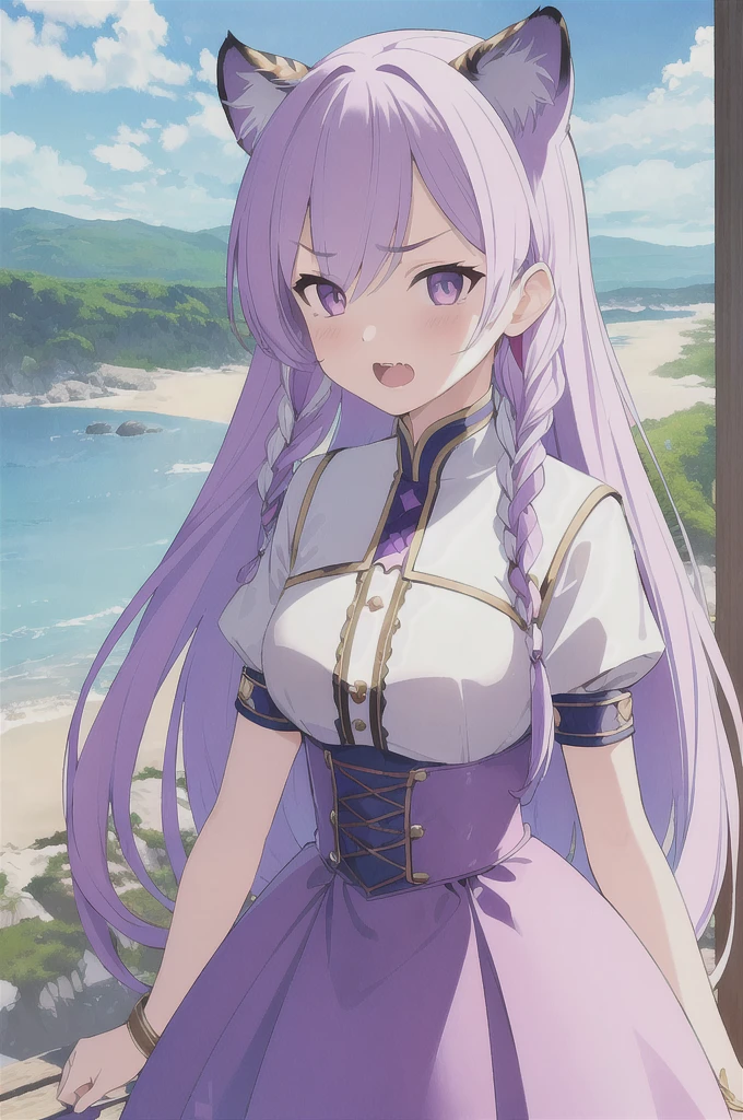 ((masterpiece)), (best quality), (ultra-detailed), photorealistic, (best illustration), ((an extremely delicate and beautiful)), 1girl, solo, long hair, tiger ears, [:tiger tail under:0.2], lilac hair, two-tone hair, full body art, (purple armor:1), multicolored dress, cross-laced, standing, evil purple eyes, daughter looking at father, angry, in Fury, showing teeth, want to bite viewer, open mouth, White shirt, short sleeves, detailed scenery, blue sky, horizon, low twin braids, twin braids, hair ornament, bracelet, (hand on own chest:0.9), blush. 