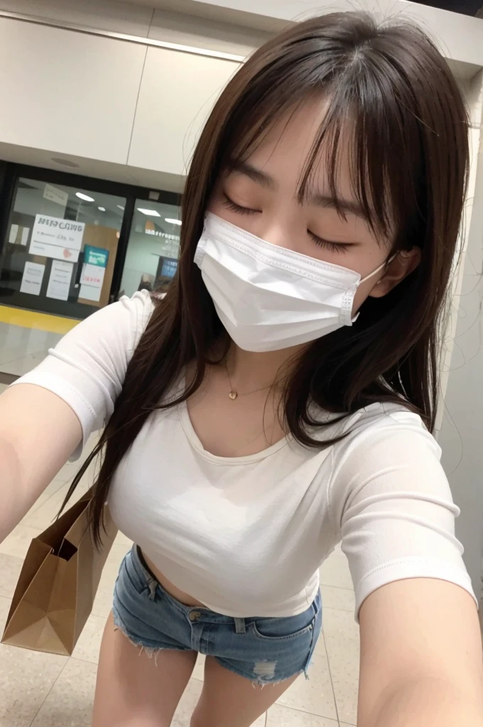 selfie, same girl, in shopping center, ,18 years,hits,a small smile,Thighs,knees,medium hair with strands, chestnut ,From above, Front light, taken with both hands and eyes closed, Casual, with face masks