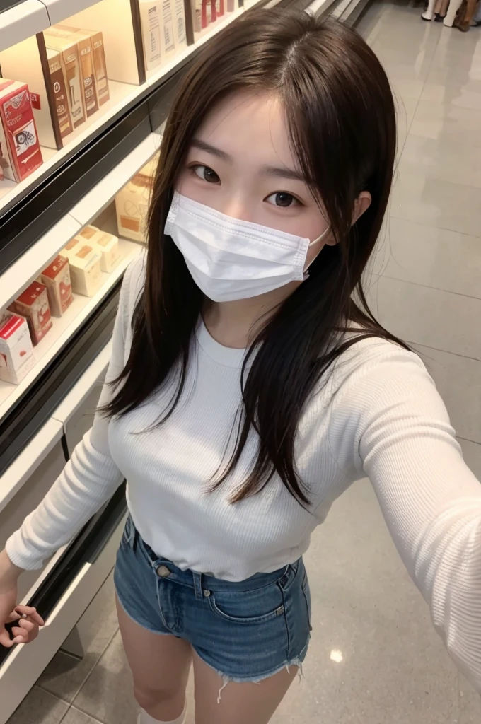 selfie, same girl, in shopping center, ,18 years,hits,a small smile,Thighs,knees,medium hair with strands, chestnut ,From above, Front light, taken with both hands and eyes closed, Casual, with face masks 