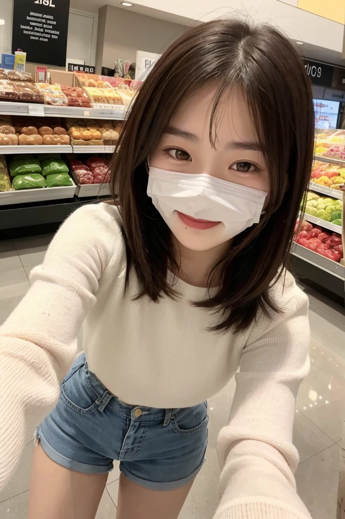 selfie, same girl, in shopping center, ,18 years,hits,a small smile,Thighs,knees,medium hair with strands, chestnut ,From above, Front light, taken with both hands and eyes closed, Casual, with face masks 