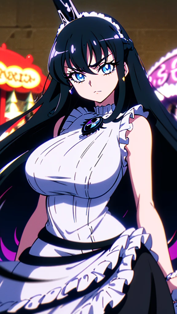 best quality, extremely detailed, anime style adult 1girl, long hair down to the waist, straight hair, ((dark black hair with bluish)),crown braid,beautiful detailed eyes, pinched eyes, dark blue eyes, huge breasts,curvy,(((white main black cyberpunk and magical frill dress))),longskirt,((feather accessory)),magical girl,light smile,((amusement park)),animation cap,animated gif,in precure style