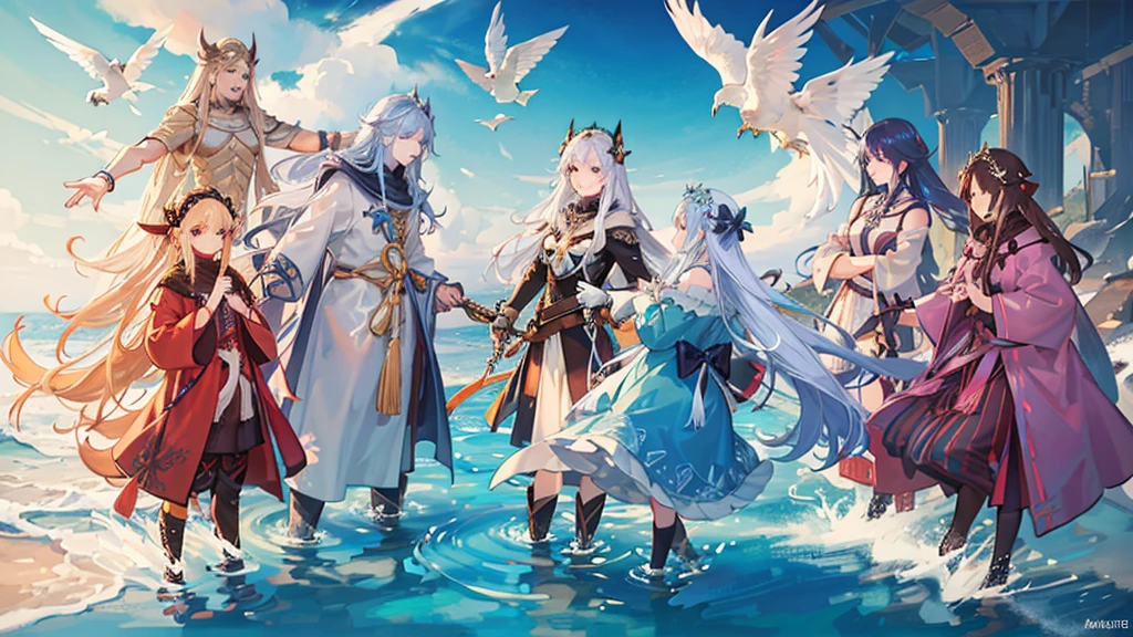 Please help me generate an illustration about the Eight Immortals crossing the sea and showing their magical powers