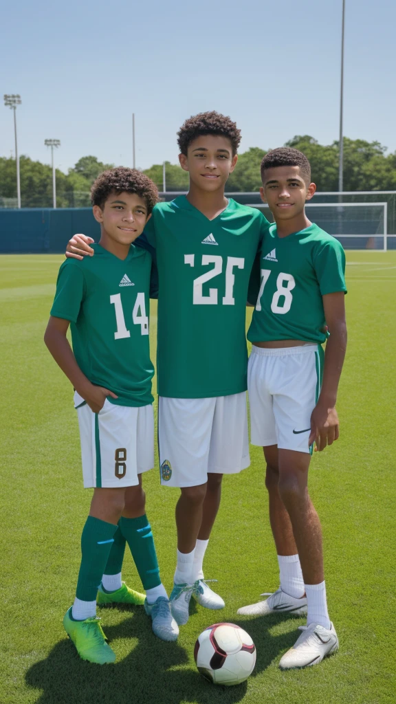"on a soccer field, three boys have their backs to the camera, watching the game. the newest, ALVES, 12 years old, have curly hair , with brown color and amber-green eyes. He's on the left. Beside him, are Jonathan and Lemes, both 16 years old, with straight hair. They wear colorful t-shirts and sports shorts. The green grass is under their feet and the clear blue sky is above them, creating the perfect setting for an afternoon of football.
!