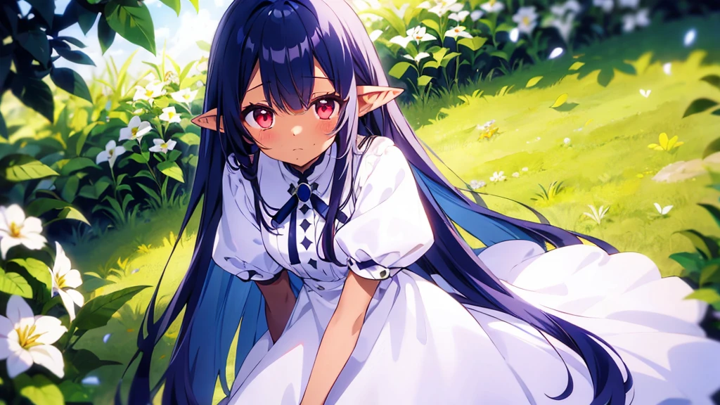 Long Hair、White Dress、sunlight、Fluffy bangs、14 years old、Dark Elf, Dark Skin, Pointy Ears, Navy Blue Hair、Red eyes、Kind eyes、Blushing、garden、Grass、leaf、green