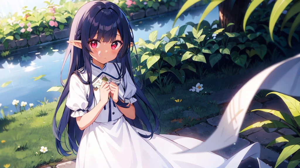 Long Hair、White Dress、sunlight、Fluffy bangs、、Dark Elf, Dark Skin, Pointy Ears, Navy Blue Hair、Red eyes、Kind eyes、Blushing、garden、Grass、leaf、green