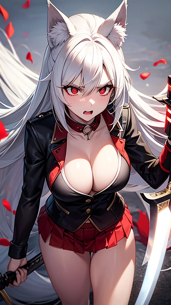 An adult woman, half fox and wolf, white hair, red eyes, wide breasts, very angry, standing, in a bikini, holding a sword