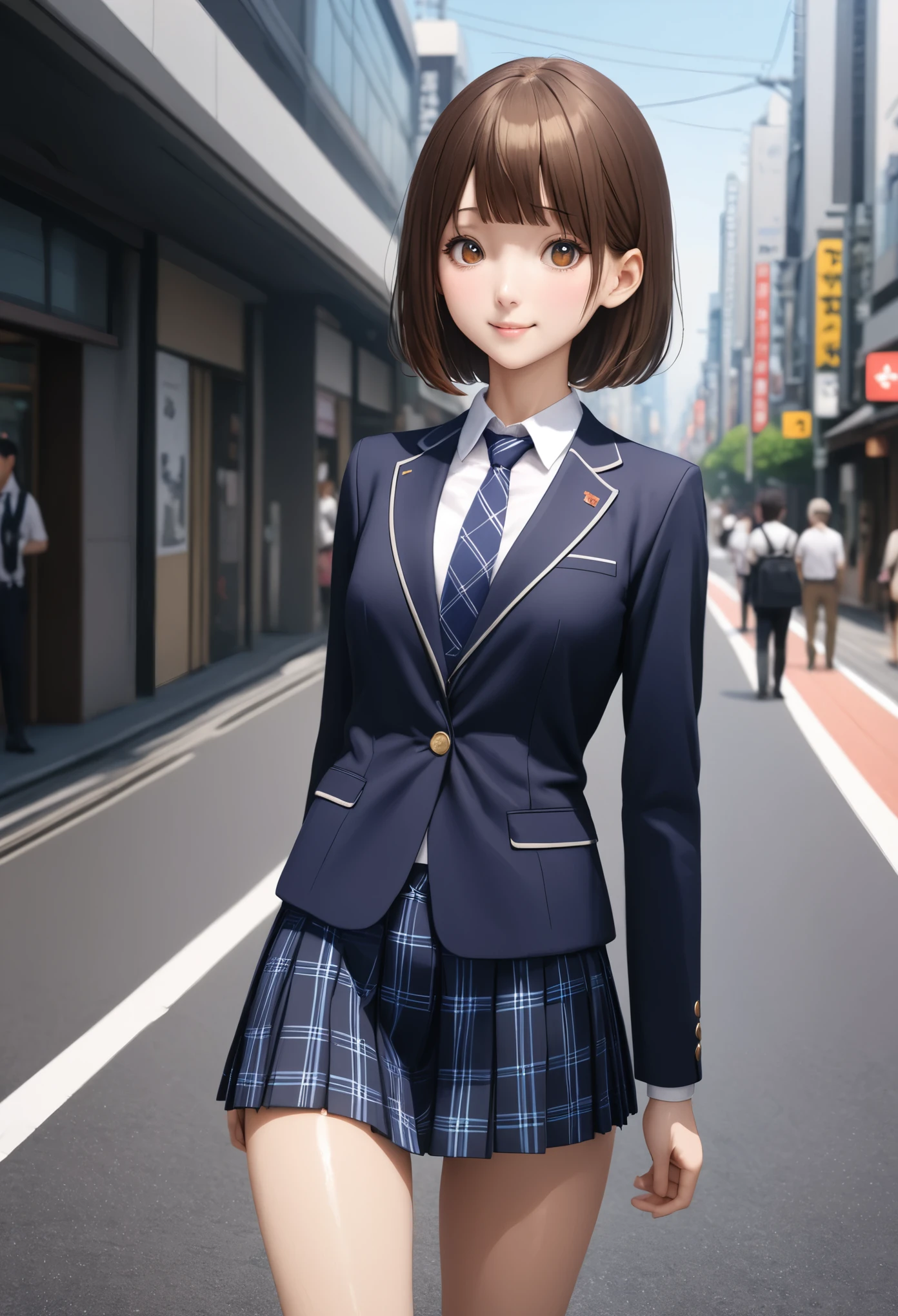 (realistic:1.3,masterpiece,Highest quality:1.3,best quality illustration),cowboy shot,1woman,20 year old Japanese beauty,very small head,(short bob brown hair),bangs,brown eyes,gorgeous eyes,blush,smile,medium breasts,((very long body:1.3)),((toned body,slender body,skinny:1.4)),(School uniform、Dark blue blazer jacket、White shirt、Navy blue tie、Dark blue plaid pleated mini skirt),gleaming skin,shiny skin,standing,on street、Tokyo,