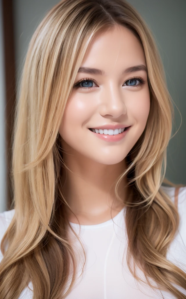 girl, smile, white bodysuit, blonde, blue eyes, Hyper Realistic