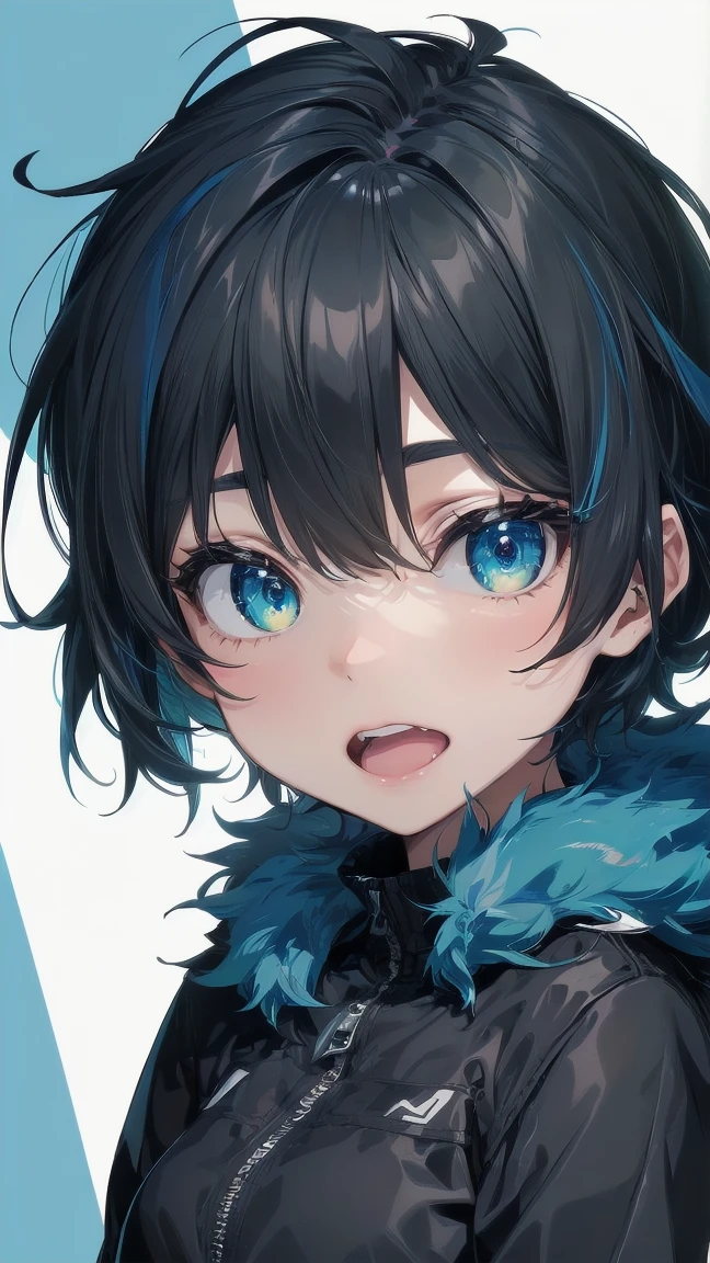 Close-up of a cartoon girl with blue hair and a yellow shirt, 2D Animation, 2D Animation style, 2D Art, 2D Art, 2D from Gorillaz, 2D from Gorillaz, 2D Gorillaz, Screaming Cerket, 2D Sprites, Jinx Face, short hair, Small breasts, hot pants, ((Black Hair, Bright blue fur inside:1.4))