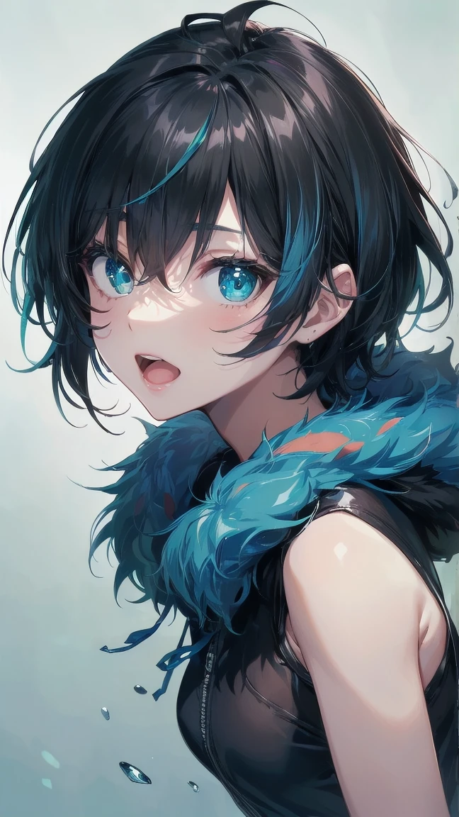 Close-up of a cartoon girl with blue hair and a yellow shirt, 2D Animation, 2D Animation style, 2D Art, 2D Art, 2D from Gorillaz, 2D from Gorillaz, 2D Gorillaz, Screaming Cerket, 2D Sprites, Jinx Face, short hair, Small breasts, hot pants, ((Black Hair, Bright blue fur inside:1.4))