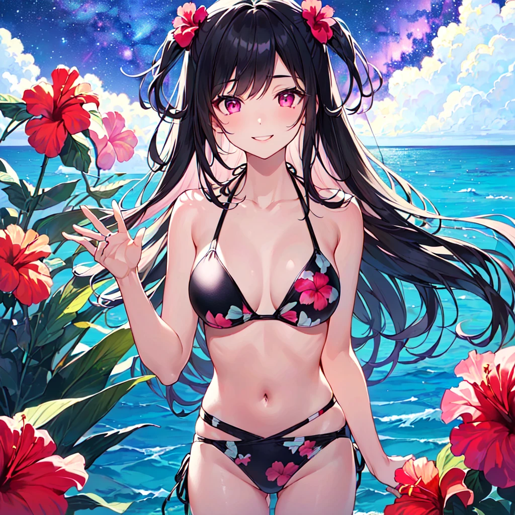 masterpiece, best quality, high quality, extremely detailed, very delicate and beautiful, (18-year-old 1female, solo: 1.5), (long black hair, two-side up, down to the waist: 1.5), bangs down to the eyebrows, eyes with a sharp, strong, glossy, slanted gaze, glossy eyebrows, (magenta eye color: 1.3), 6.5 heads and bodies, (hibiscus print bikini swimsuit: 1.3), (standing and playing in the ocean), (smile), (dynamic pose), (tropical ocean in the background: 1.3), (Milky Way Night Sky: 1.3), (upper body:1.3)