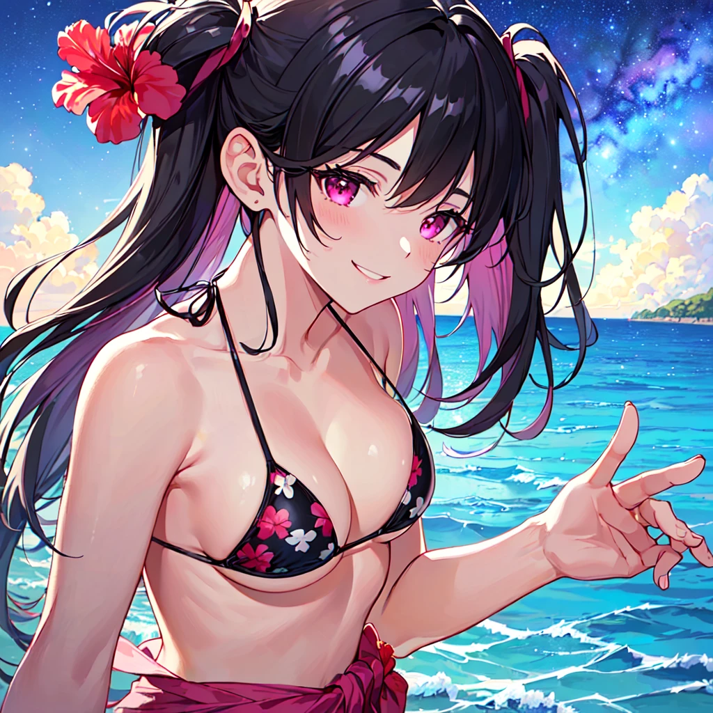masterpiece, best quality, high quality, extremely detailed, very delicate and beautiful, (18-year-old 1female, solo: 1.5), (long black hair, two-side up, down to the waist: 1.5), bangs down to the eyebrows, eyes with a sharp, strong, glossy, slanted gaze, glossy eyebrows, (magenta eye color: 1.3), 6.5 heads and bodies, (hibiscus print bikini swimsuit: 1.3), (standing and playing in the ocean), (smile), (dynamic pose), (tropical ocean in the background: 1.3), (Milky Way Night Sky: 1.3), (upper body:1.3)