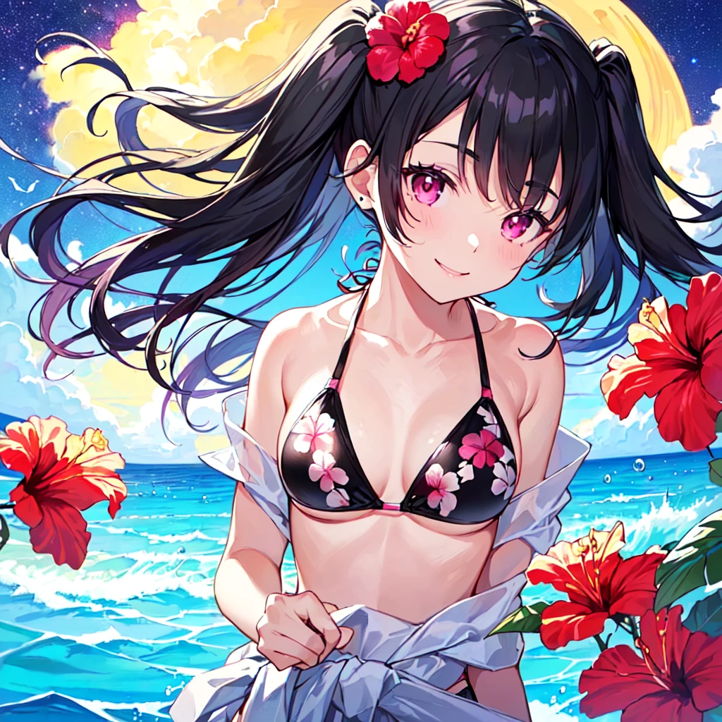 masterpiece, best quality, high quality, extremely detailed, very delicate and beautiful, (18-year-old 1female, solo: 1.5), (long black hair, two-side up, down to the waist: 1.5), bangs down to the eyebrows, eyes with a sharp, strong, glossy, slanted gaze, glossy eyebrows, (magenta eye color: 1.3), 6.5 heads and bodies, (hibiscus print bikini swimsuit: 1.3), (standing and playing in the ocean), (smile), (dynamic pose), (tropical ocean in the background: 1.3), (Milky Way Night Sky: 1.3), (upper body:1.3)