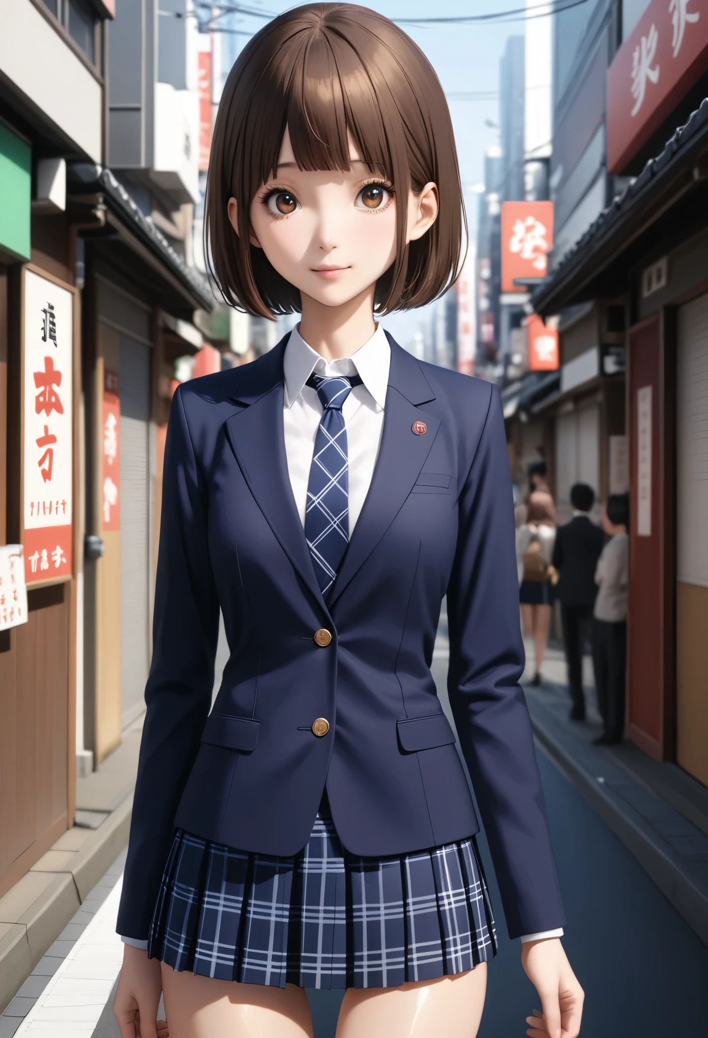 (realistic:1.3,masterpiece,Highest quality:1.3,best quality illustration),cowboy shot,1woman,20 year old Japanese beauty,very small head,(short bob brown hair),bangs,brown eyes,gorgeous eyes,blush,smile,medium breasts,((very long body:1.3)),((toned body,slender body,skinny:1.4)),(School uniform、Dark blue blazer jacket、White shirt、Navy blue tie、Dark blue plaid pleated mini skirt),gleaming skin,shiny skin,standing,on street、Tokyo,