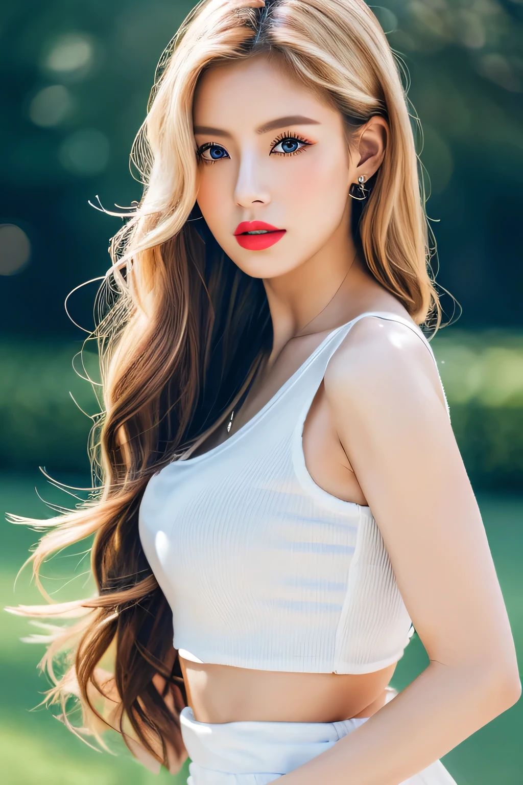 An unparalleled masterpiece, Ultra-realistic 8K CG, Perfect artwork, ((Image of a perfect woman)), Mature Woman, Tight waist, charm, clean, Beautiful Face, {Very delicate and beautiful girl} , 8k wallpaper, {{{masterpiece}} }, 1 Girl, bionde, blue eyes, American Drama「Charlie's Angels」、Long Hair, Red lips,double eyelid、I'Apply mascara、 alone, (Shiny skin),photo shoot on the beach、Wearing a red bikini、Pose like a model、The sea of Shikanoshima、early summer sea、
