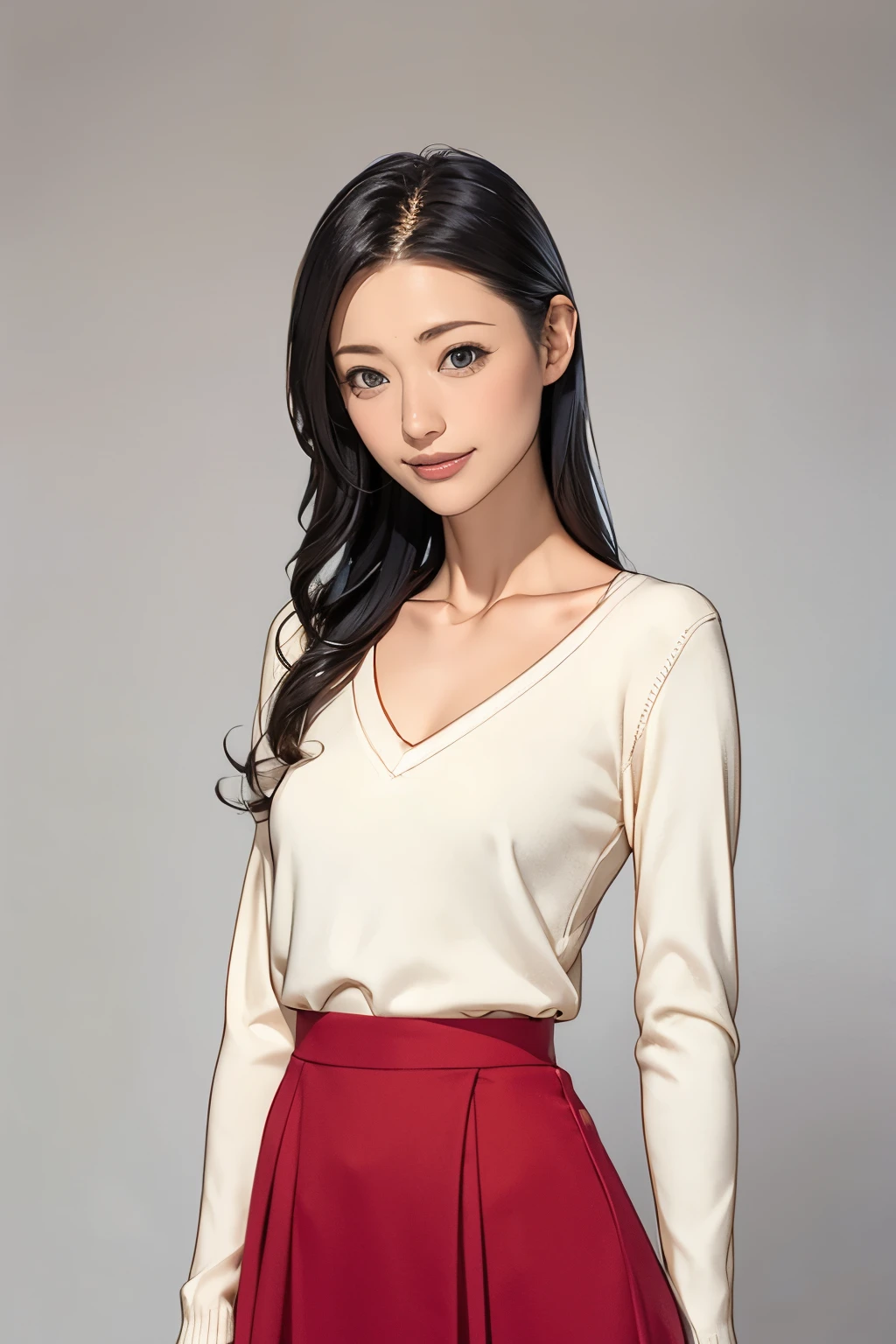 Highest quality、Tabletop、Best image quality、Award-winning works)、 pretty girl、(Elegant V-neck knit sweater:1.2)、(An elegant skirt made of red Melton fabric...:1.2)、Perfect girl portrait photo、Glowing Skin、Standing Elegantly、(The simplest blurry background:1.1)、Glowing White Skin、Very white skin、smile、Small cleavage、Upper body photo