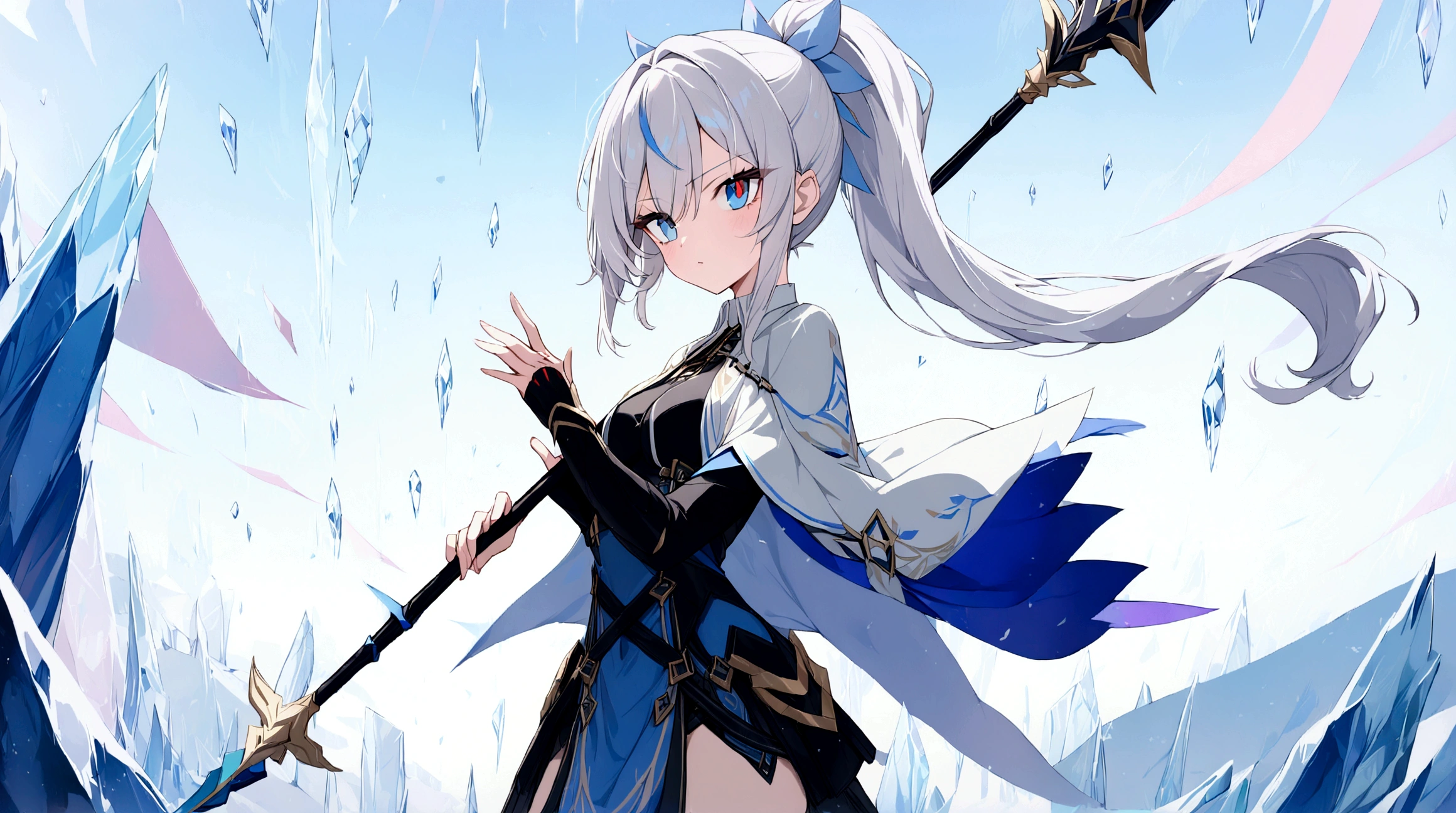 (1girl, Masterpiece, best quality) (detailed and beautiful eyes:1.6) (perfect hands, perfect anatomy) (full body)) Fierce warrior girl with long white hair in a high ponytail and striking red eyes. She wears sleek, modern armor in blue and black with gold and silver details, and a white, high-collared cape with blue and gold accents. She holds a long spear in her right hand and points forward with her left hand. The background should be an icy landscape with crystalline formations and a cold, blue sky, reflecting light off the ice for a mystical atmosphere. Capture her determined and focused expression, conveying a sense of readiness and strength.