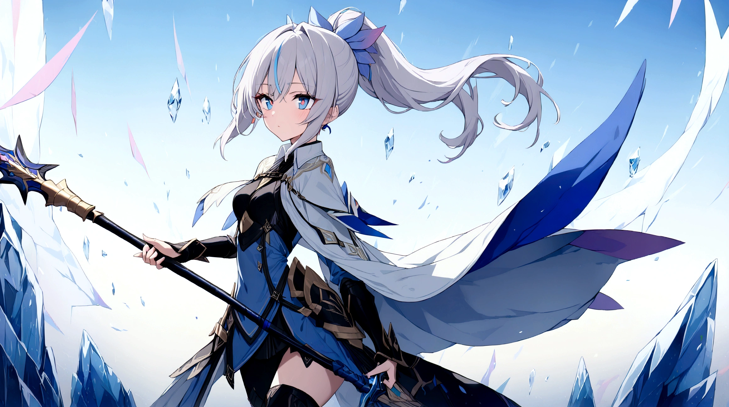 (1girl, Masterpiece, best quality) (detailed and beautiful eyes:1.6) (perfect hands, perfect anatomy) (full body)) Fierce warrior girl with long white hair in a high ponytail and striking red eyes. She wears sleek, modern armor in blue and black with gold and silver details, and a white, high-collared cape with blue and gold accents. She holds a long spear in her right hand and points forward with her left hand. The background should be an icy landscape with crystalline formations and a cold, blue sky, reflecting light off the ice for a mystical atmosphere. Capture her determined and focused expression, conveying a sense of readiness and strength.