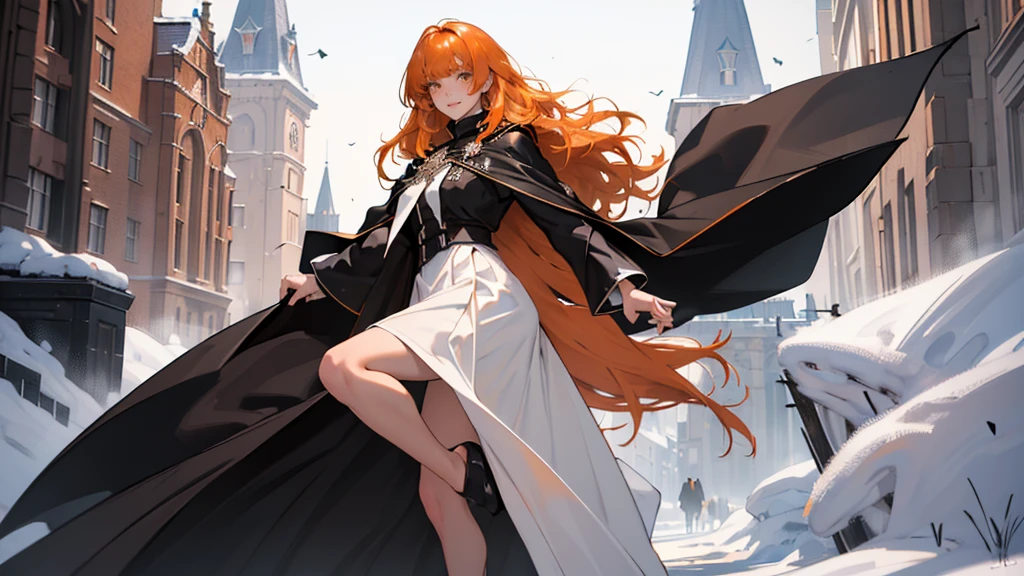 (girl), masterpiece, ultra detailed, 8K Portrait, Raw photo, woman's portrait photography, full body, Highly detailed face, mischievous childish smile, blush, ((Fantasy)), ((young)), 17 years old, 160cm, (((student))), ((tanned skin)), (((dark orange colored long straight hair))), (((blunt bangs))), hair ornament, (((black silk long cloak))) Fluttering in the wind, (high school dark white uniform:1.5), Plaid short skirt, Midday sun, Hyper realistic, Slender body, by the snowy castle, Ambient lighting, Shadow details, Camera focus on face, strong breeze, Light fog, from side,