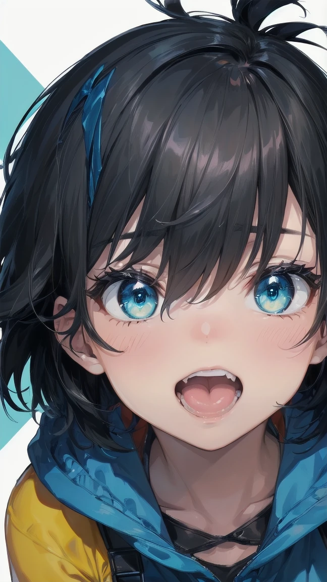 Close-up of a cartoon girl with blue hair and a yellow shirt, 2D Animation, 2D Animation style, 2D Art, 2D Art, 2D from Gorillaz, 2D from Gorillaz, 2D Gorillaz, Screaming Cerket, 2D Sprites, Jinx Face, short hair, Small , hot pants, ((Black Hair, Bright blue fur inside:1.4))