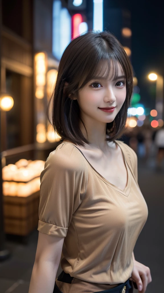 1 Japanese girl,(Light brown blouse:1.3),(RAW Photos, highest quality、8K), (Realistic:1.4, Photorealistic:1.4), Random camera positions:1.2、(smile), Very delicate and beautiful, Very detailed, 8k wallpaper, wonderful, In detail, Very detailedなCG Unity, High resolution, Soft Light, Beautifully detailed 19 year old girl, Perfect Anatomy:1.4、eight-headed body、Perfect skeleton, Handcrafted with attention to detail,Detailed fingering、Very detailedな目と顔, Beautifully detailed nose, Beautiful fine details、Cinema Lighting,City lights at night,(Slender body,Large Breasts)、 (Black Hair、Random short hair)