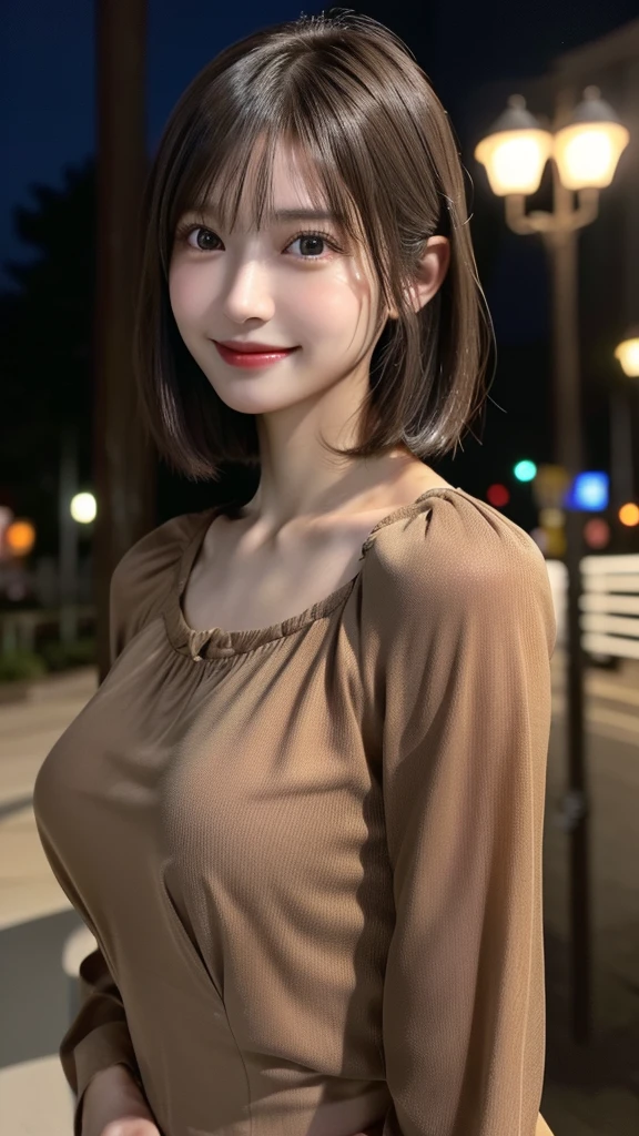 1 Japanese girl,(Light brown blouse:1.3),(RAW Photos, highest quality、8K), (Realistic:1.4, Photorealistic:1.4), Random camera positions:1.2、(smile), Very delicate and beautiful, Very detailed, 8k wallpaper, wonderful, In detail, Very detailedなCG Unity, High resolution, Soft Light, Beautifully detailed 19 year old girl, Perfect Anatomy:1.4、eight-headed body、Perfect skeleton, Handcrafted with attention to detail,Detailed fingering、Very detailedな目と顔, Beautifully detailed nose, Beautiful fine details、Cinema Lighting,City lights at night,(Slender body,Large Breasts)、 (Black Hair、Random short hair)