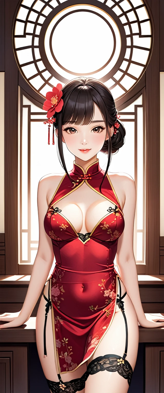 high resolution, Adult women , Good lighting, contemptible, , (no nudity), (((cheongsam))) (Garter belt), Abdomen only, (), , Cute face, I'I很尴尬,Blushed, humiliation, ((Look back)), ((transparent))()(T-back)(Existing in large quantities on the body,)Huge ,Huge breasts(1.8),Huge cleavage(1.8)