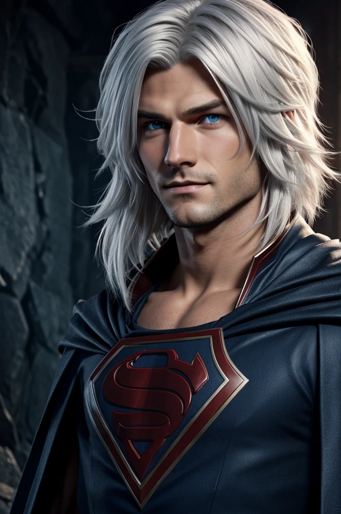 The fox boy has short, parted, flowing white hair.  Extremely handsome face but rarely a smile.  Dark blue eyes as deep as the bottom of an abyss.  Wear the student hero cape