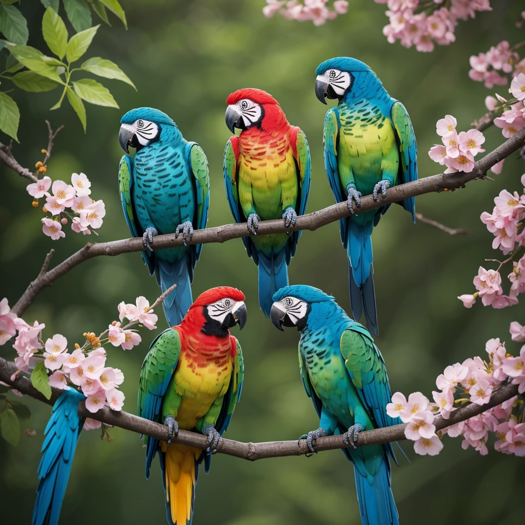 Two parrots, colorful colors, on branch, Background flowers