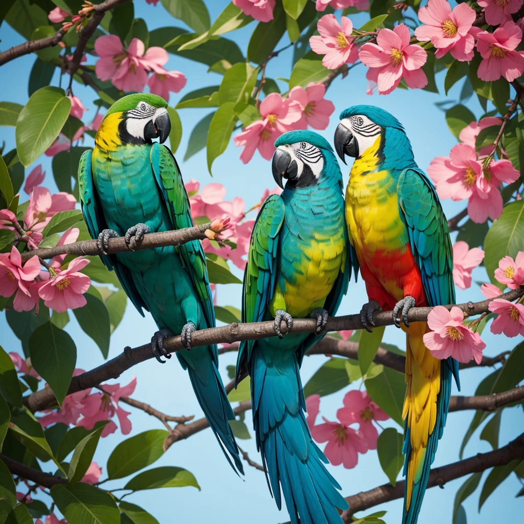 Two parrots, colorful colors, on branch, Background flowers