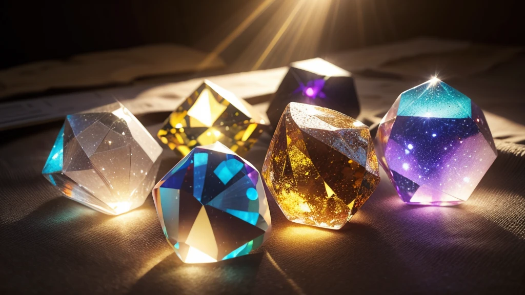 [Transparent crystal stones shining colorful light] [focusing] in the sunlight.
