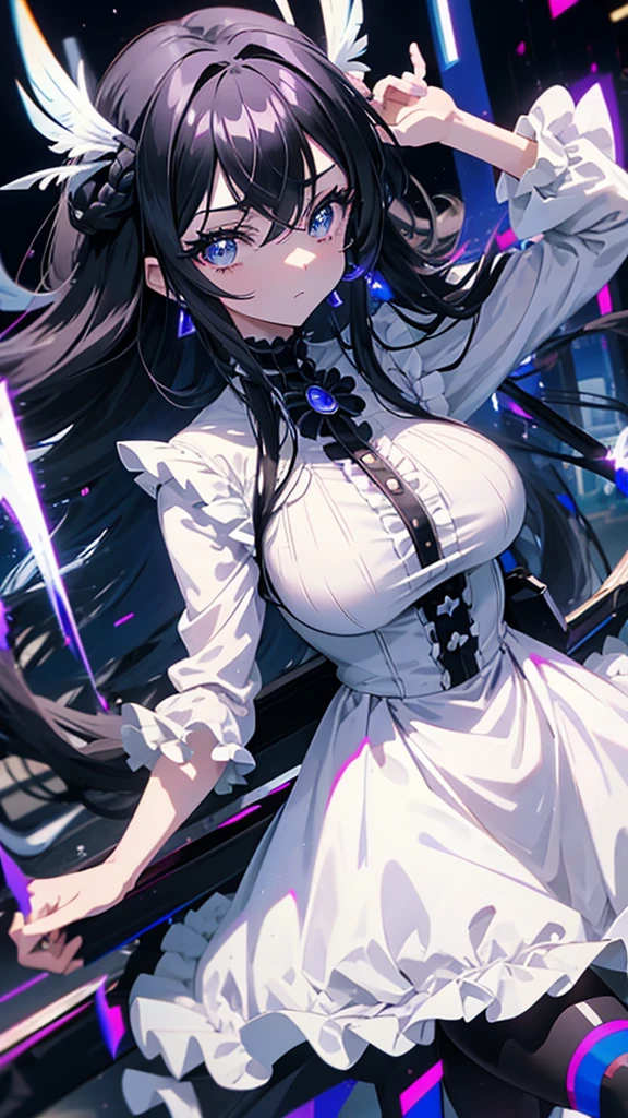 best quality, extremely detailed, anime style adult 1girl, long hair down to the waist, straight hair, ((dark black hair with bluish)),crown braid,beautiful detailed eyes, pinched eyes, dark blue eyes, huge breasts,curvy,(((white main black cyberpunk and magical frill dress))),longskirt,((feather accessory)),magical girl,light smile,((amusement park)),animation cap,animated gif,in precure style
