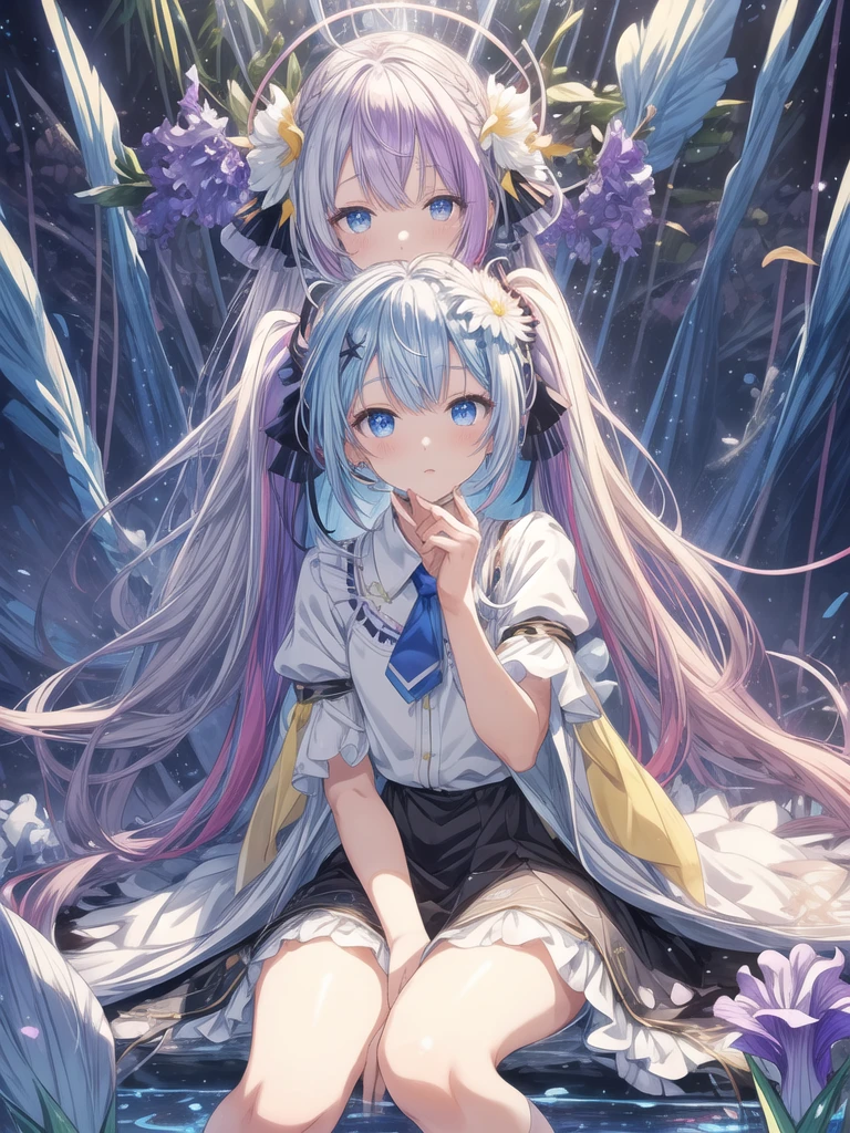 pretty, anime, pastel, neon, vtuber-fullbody vtuber-halfbody, kawaii Masterpiece, young woman, sitting down, parted lips, black eyes, fluffy curly hair, bangs, ahoge, light brown hair, rosy cheeks, short sleeve, black and purple dress, puffy sleeves, black gloves, purple ribbons, ((faded iris)), myceliumtech, scifi, Mycelia, spongy, PsychedelicMasterpiece, ((Faded iris)), flowers, smile, water effect, ahoge, looking up, upper view, yuki miku, very long blue hair, twintails, hair ornament, blue eyes, kawaii looking upupper viewhair ornament(masterpiece:1.2), (hires:1.2), (better hands:1.2), beautiful hands, perfect anatomy, holding star, 1boy, antenna hair, choker, white jacket, shoulder-belt, collared shirt, ear piercing, chain earrings, gradient, stars hair ornament, male focus, multicolored hair, purple hair, yellow strands, yellow necktie, (eye1 purple, eye2 yellow, heterochromia), starlight, starMasterpiece, young girl, white hair, fluffy hair, ahoge, medium length hair, bird feathers, sky, jungle, feather ears, white bird wings, vibrant colors, flowers, flower crown, leaves, white silk dress, detailed sleeves, strewn plants, hair over eyes, butterfly style, more_details:-1, more_details:0, more_details:0.5, more_details:1, more_details:1.5, (((ultra detailed))), softcore, kawaii,