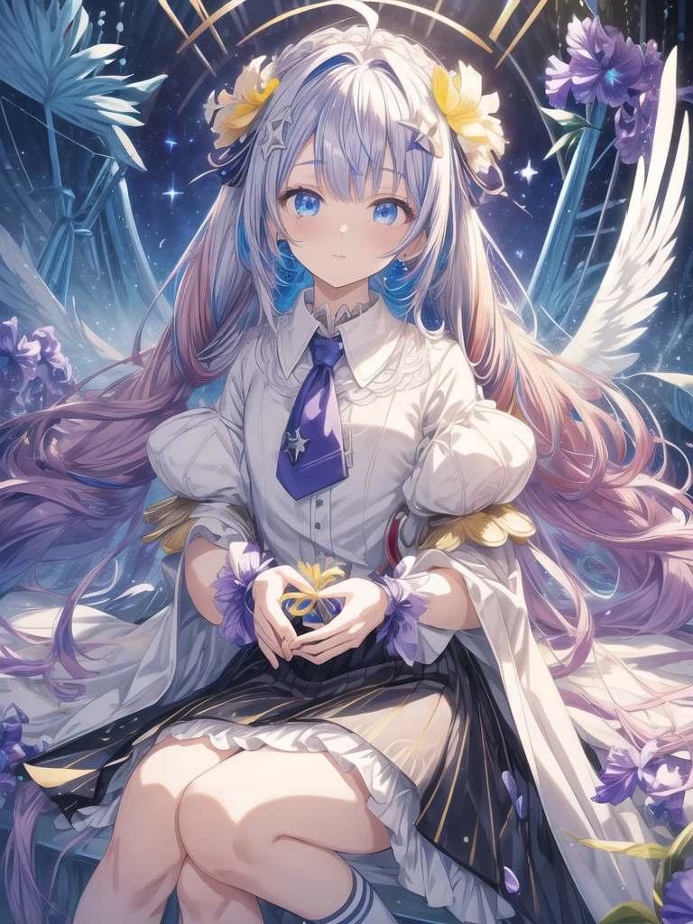 pretty, anime, pastel, neon, vtuber-fullbody vtuber-halfbody, kawaii Masterpiece, young woman, sitting down, parted lips, black eyes, fluffy curly hair, bangs, ahoge, light brown hair, rosy cheeks, short sleeve, black and purple dress, puffy sleeves, black gloves, purple ribbons, ((faded iris)), myceliumtech, scifi, Mycelia, spongy, PsychedelicMasterpiece, ((Faded iris)), flowers, smile, water effect, ahoge, looking up, upper view, yuki miku, very long blue hair, twintails, hair ornament, blue eyes, kawaii looking upupper viewhair ornament(masterpiece:1.2), (hires:1.2), (better hands:1.2), beautiful hands, perfect anatomy, holding star, 1boy, antenna hair, choker, white jacket, shoulder-belt, collared shirt, ear piercing, chain earrings, gradient, stars hair ornament, male focus, multicolored hair, purple hair, yellow strands, yellow necktie, (eye1 purple, eye2 yellow, heterochromia), starlight, starMasterpiece, young girl, white hair, fluffy hair, ahoge, medium length hair, bird feathers, sky, jungle, feather ears, white bird wings, vibrant colors, flowers, flower crown, leaves, white silk dress, detailed sleeves, strewn plants, hair over eyes, butterfly style, more_details:-1, more_details:0, more_details:0.5, more_details:1, more_details:1.5, (((ultra detailed))), softcore, kawaii,