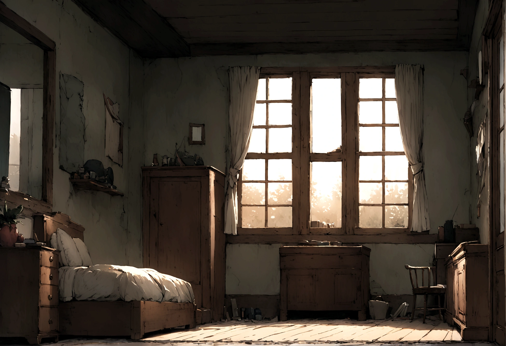 A bedroom in a rental house,The windows are broken,Simple room,Simple furnishings,
