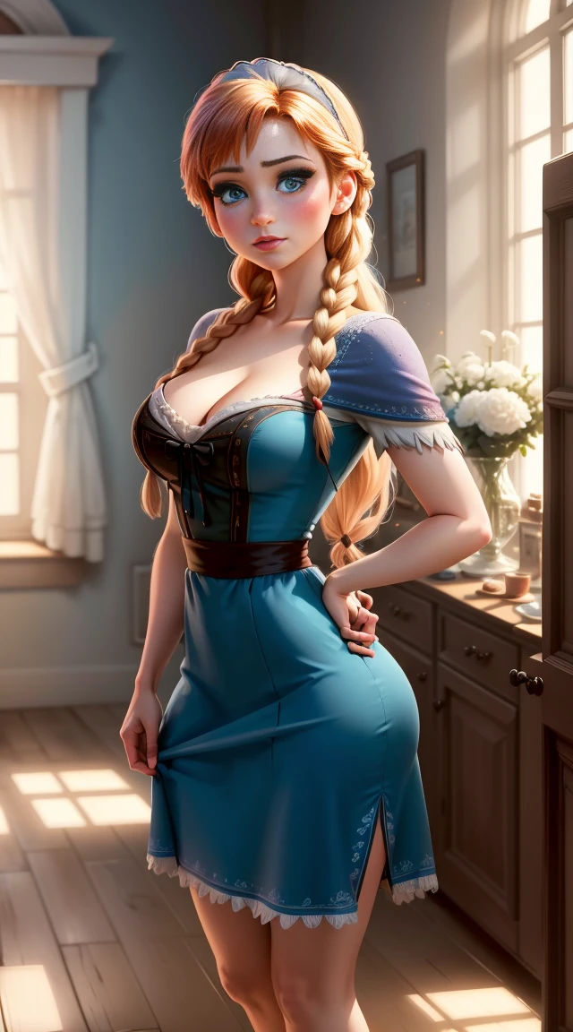 Woman, ((work of art, best qualityer)), full body view, bursting huge breasts, skin detailed, Anna from Frozen as a maid, maid clothes, cleaning the room,  highy detailed, cinematic lighting, ultra realistic, blush, gazing at viewer, Ana, Ana from movie Frozen, sexy blue dress, Cramped, long hair, princess anna, hairless, the roads, hairless,