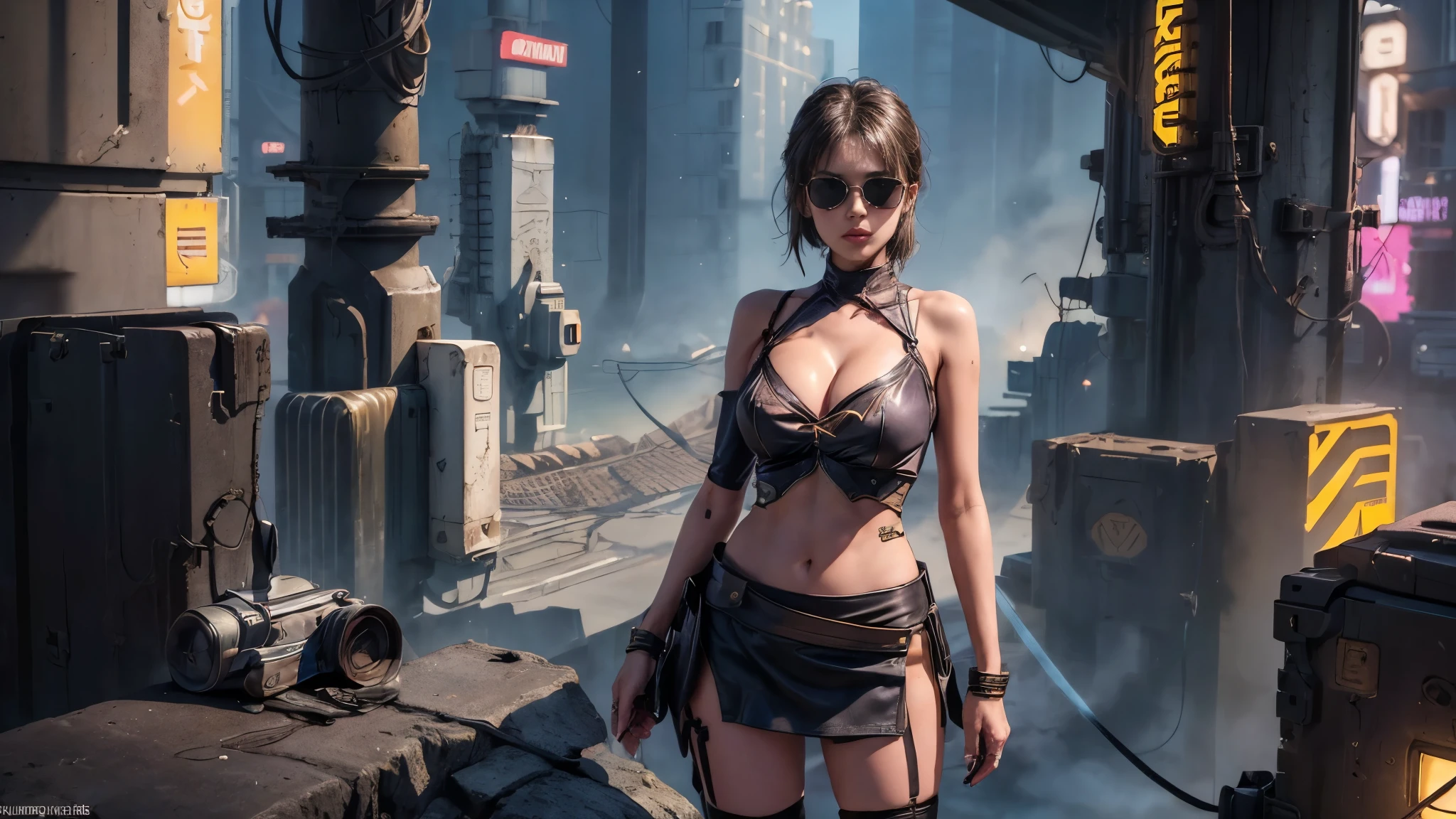 8K, Realistic Skin Texture, Realistic Photo, (((((1 slim western women, solo, large-breast:1.4 cleavage:1.3))))), AD2050 at night, (((wearing off neck tube top, miniskirt, black sunglasses, automatic rifle, sneakers, cold, standing and shooting pose))), (((((((half-body (((thigh level))) medium:1.3 shot))))))), innovative composition, revenge, aerial view of military base, blade runner worldview, large neon sign.