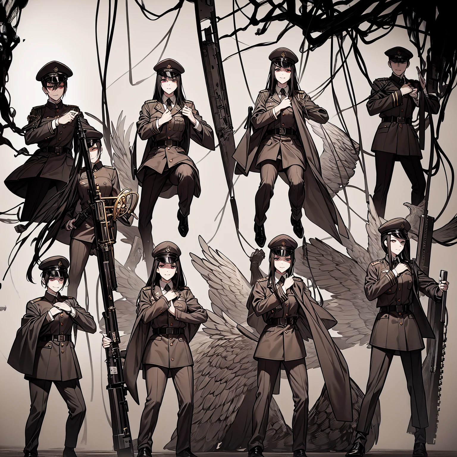 (masterpiece, best quality: 1.2), Alone, 1girl, Yoru \(Chainsaw Man\), looking at the viewer, different poses, red eye, long hair, completely black hair, reference to clothing of a German WWII general, black long sleeves (best quality), scar on face, beautiful eyes, has only 2 arms, has war medals on his clothes, Black Military Cap, Golden Eagle Medal on Clothing, (wallpaper), (8k hd), (8k hd), Golden Shoulder Pads, sprites, 1 single design (Masterpiece, Best Quality: 1.2), Alone, 1girl, Yoru \(Chainsaw Man\), looking at the viewer, SMILE, evil, DIFFERENT POSES, red eye, long hair, completely black hair, reference to clothing of a German general from World War II, black long sleeves (Best Quality), scar on face, Beautiful eyes, He only has 2 arms, He has war medals on his clothes, Black military cap, Golden Eagle Medal in Dress, (wallpaper), (8k hd), (8k hd), golden shoulder pads, sprites, 1 single design