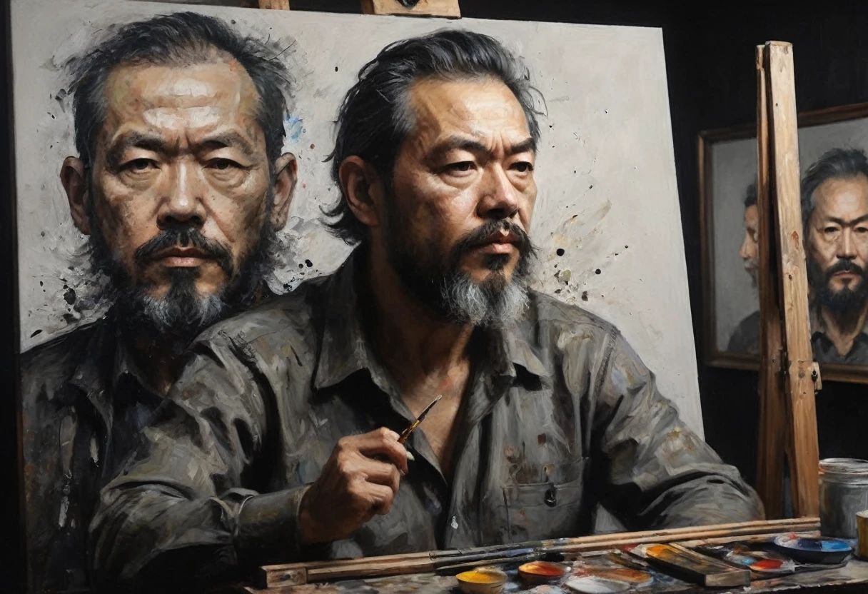 artist with beard, sitting in front of a painting of a man with a face made of paint on an easel, pollock photorealistic, yoji shinkawa :: portrait, amazing, portrait of a man made of ice, stunning art, highly detailed vfx portrait, dramatic artwork, inspired by yoji shinkawa, close-up print of a fracture, russ mills, stunning artwork, hyperrealistic mixed media, 4k painting, epic artist painting, powerful painting, complex and intense oil painting, painting art, incredible painting, digital art masterpiece, intense painting, complex oil painting, art painting, detailed realism in painting, art with ai, cinematic painting, realistic painting, painting comes to life