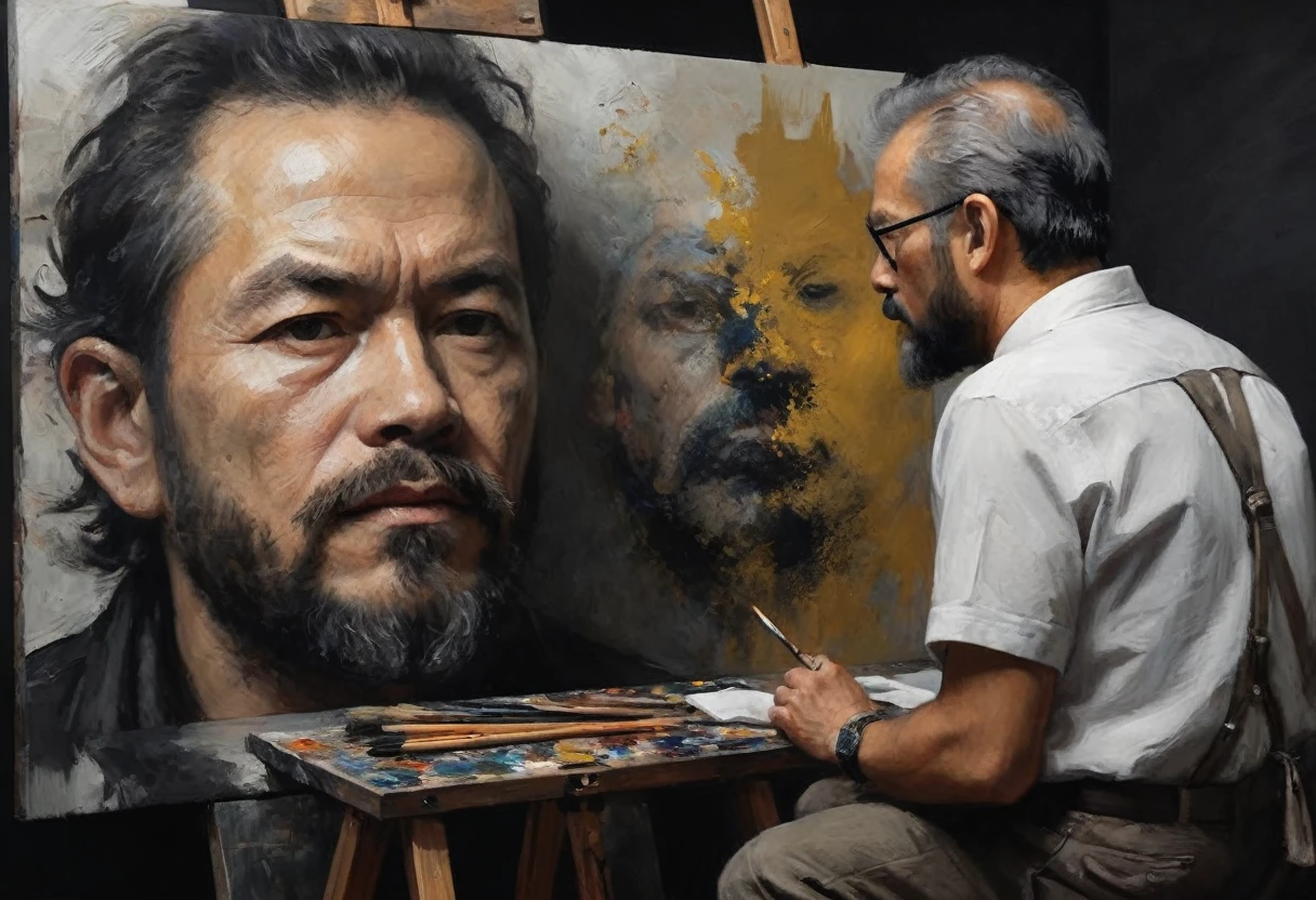 artist with beard, sitting in front of a painting of a man with a face made of paint on an easel, pollock photorealistic, yoji shinkawa :: portrait, amazing, portrait of a man made of ice, stunning art, highly detailed vfx portrait, dramatic artwork, inspired by yoji shinkawa, close-up print of a fracture, russ mills, stunning artwork, hyperrealistic mixed media, 4k painting, epic artist painting, powerful painting, complex and intense oil painting, painting art, incredible painting, digital art masterpiece, intense painting, complex oil painting, art painting, detailed realism in painting, art with ai, cinematic painting, realistic painting, painting comes to life