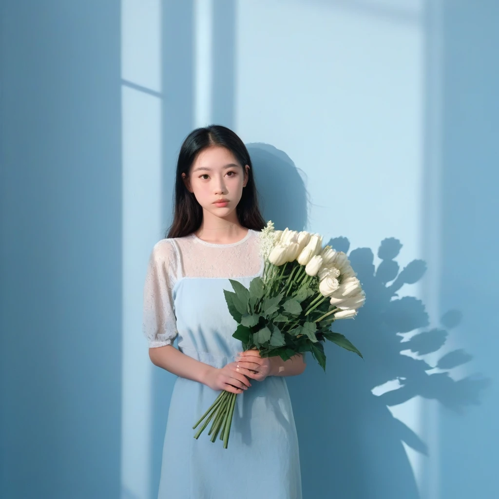 Clean girl aesthetic, holding flower bouquet, powder blue wall background, long shadows